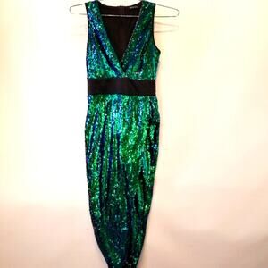 Green Goddess Sequin High Slit Maxi Dress Evening Plunging Neckline‎ Size S